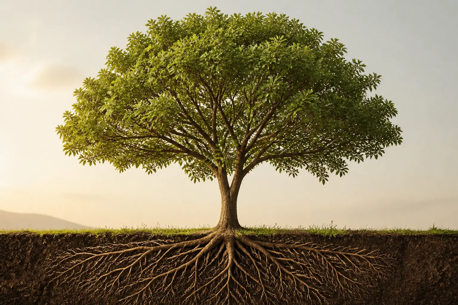 Árbol con raíces visibles bajo el suelo, metáfora de lo visible y lo invisible